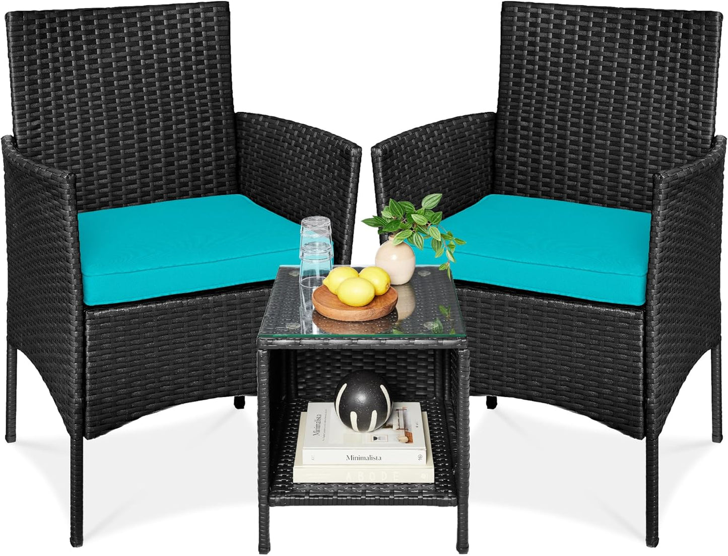 Best Choice Products 3-Piece Outdoor Wicker Conversation Bistro Set, Space Saving Patio Furniture for Garden w/Side Table - Gray/Navy