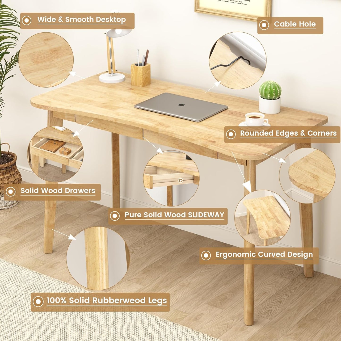 100% Solid Wood Desk with Drawers - 48 x 24 Inch Home Office Computer Desks, Modern Writing Desk with Drawers, Simple Study Table Makeup Vanity - Natural Boho Desks