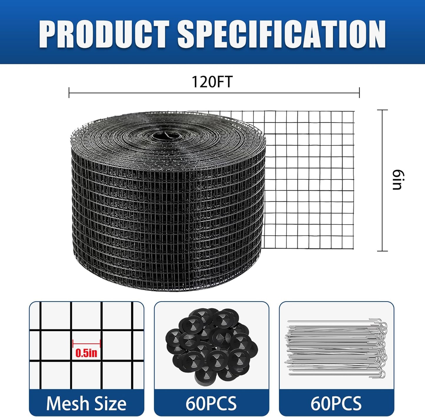 6in x 120ft Solar Panel Bird Mesh Black PVC Coated Steel Solar Panel Bird Guard Proofing| 60 Fastener Clips Prevents Birds, Pigeons, and Critter Guard from Getting Under The Solar Panels