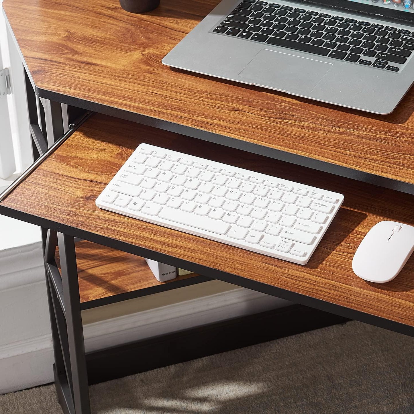 VECELO Corner Desk Computer Desk Writing Table with Smooth Keyboard Tray & Storage Shelves,Compact Home Office Triangle Table,Teak