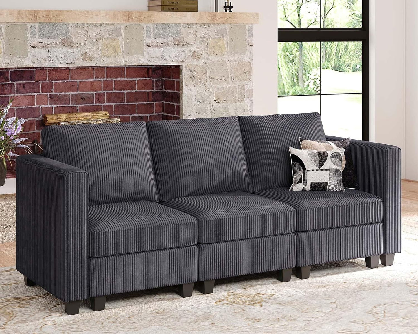 Belffin Corduroy Armchair Modular Arm Chair with Storage Modern Couch for Living Room Green