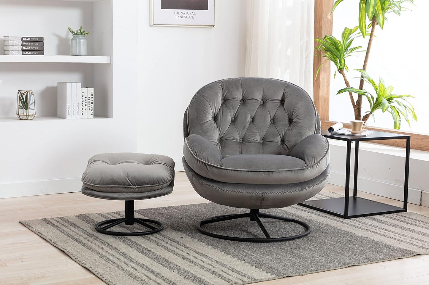 Baysitone Accent Chair with Ottoman,360 Degree Swivel Velvet Accent Chair, Lounge Armchair with Metal Base Frame for Living Room, Bedroom, Reading Room, Home Office (Gray)