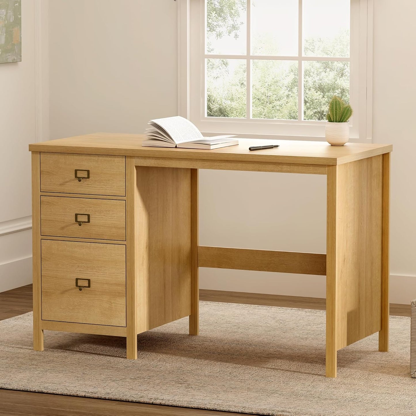 47" Executive Desk with File Drawer, Farmhouse Wood Home Office Desk with Storage Drawer Computer Writing Desk for Study Office, Natural Oak