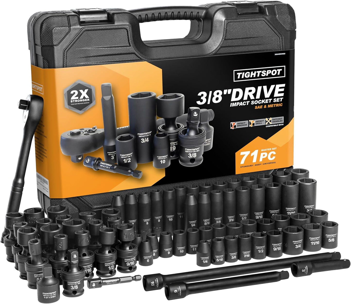 TIGHTSPOT 3/8" Drive 71pc Impact Socket Master Set Inch Metric 1/4"-3/4" 6-19mm CR-V CR-MO Universal Joint Deep Standard Sockets 90-Tooth Ratchet Extensions Heavy Duty Mechanic Tool Kit