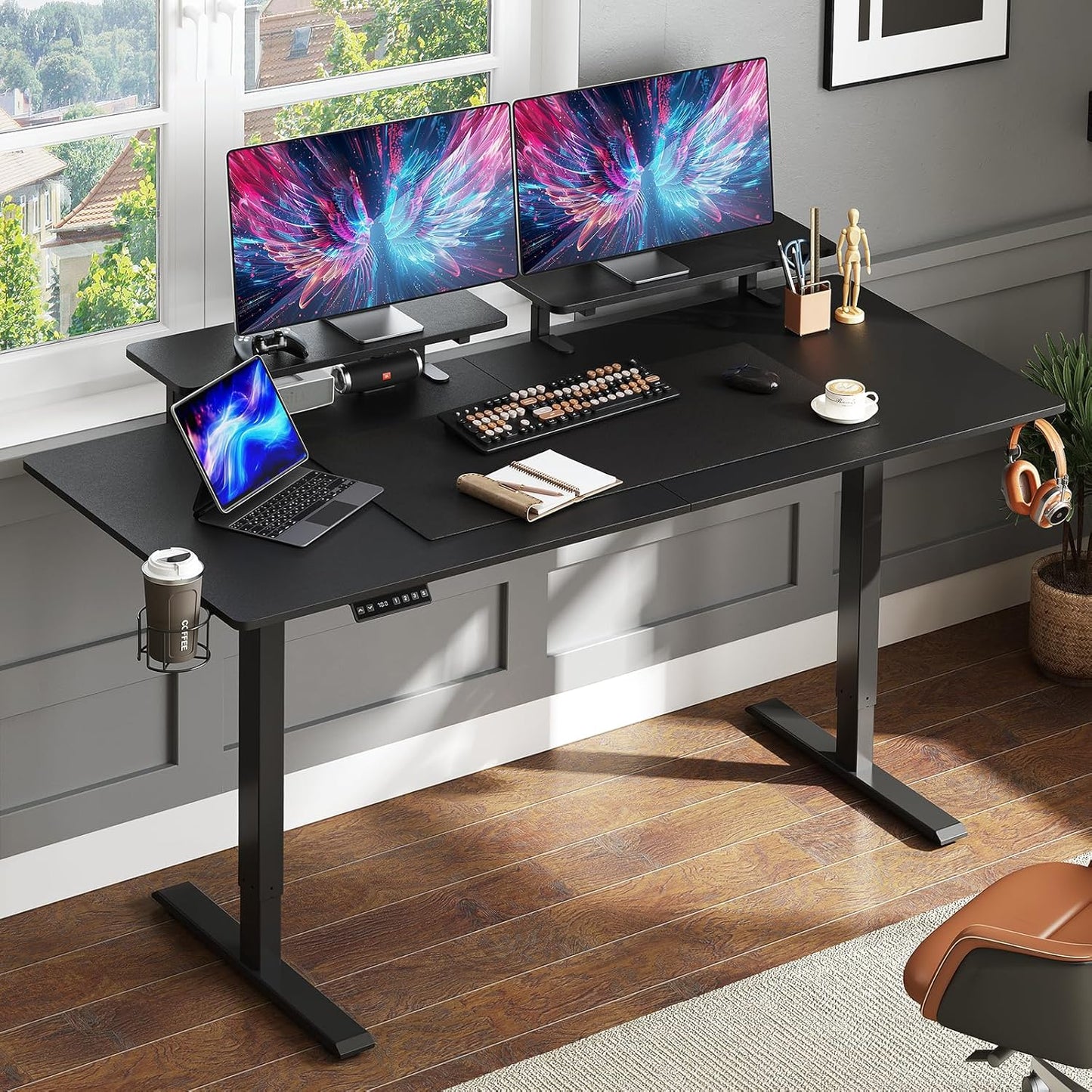 Standing Desk with 2 Adjustable Monitor Shelves, 71 x 24 Inches Electric Stand Up Desk with Memory Controller and Adjustable Height from 28-46 inches for Computer Workstations, Rustic Brown
