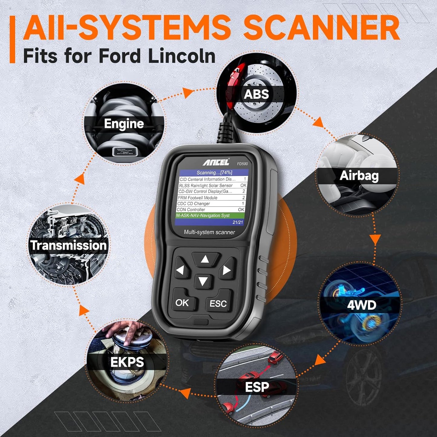 ANCEL FD500 OBD2 Scanner fits for Ford Lincoln Mercury - All Systems Code Reader with Engine, ABS, SRS, Transmission, 4WD Diagnostics - Scan Tool with EPB, Throttle, Oil Reset, Battery Registration