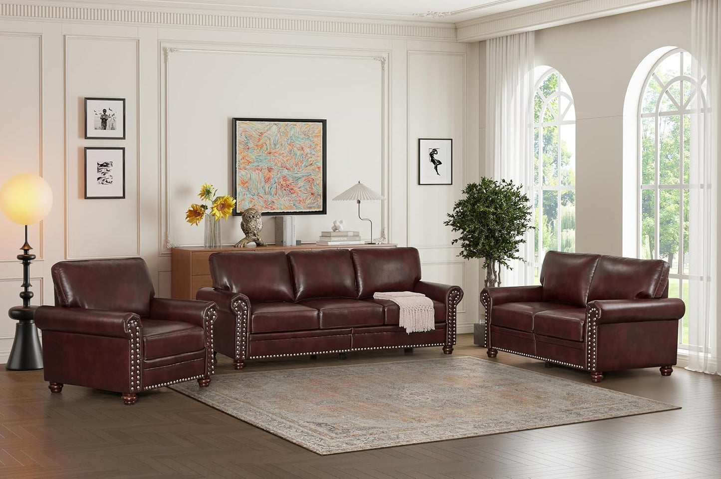 35" Faux Leather Pu Armchair Classic Vegan Leather Accent Chair Elegance Single Seat with Rolled Armrests Nailhead Trim Wood Legs Traditional Living Room 1 Seat-Burgundy