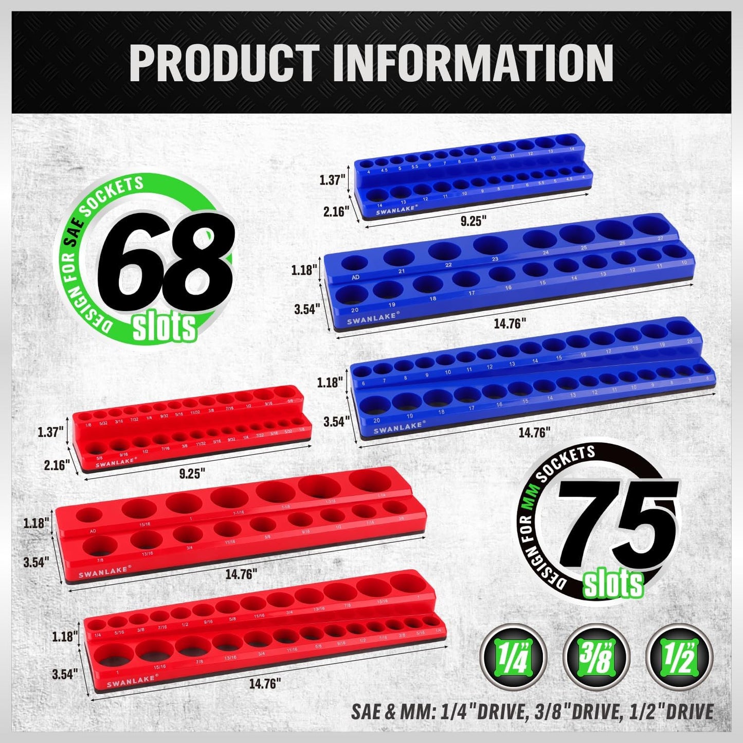 SWANLAKE Magnetic Socket Organizer Set, 1/4", 3/8", 1/2" Sockets Holds 286 Pieces Magnetic Socket Trays (Blue&red&black&green, 12 Pcs)