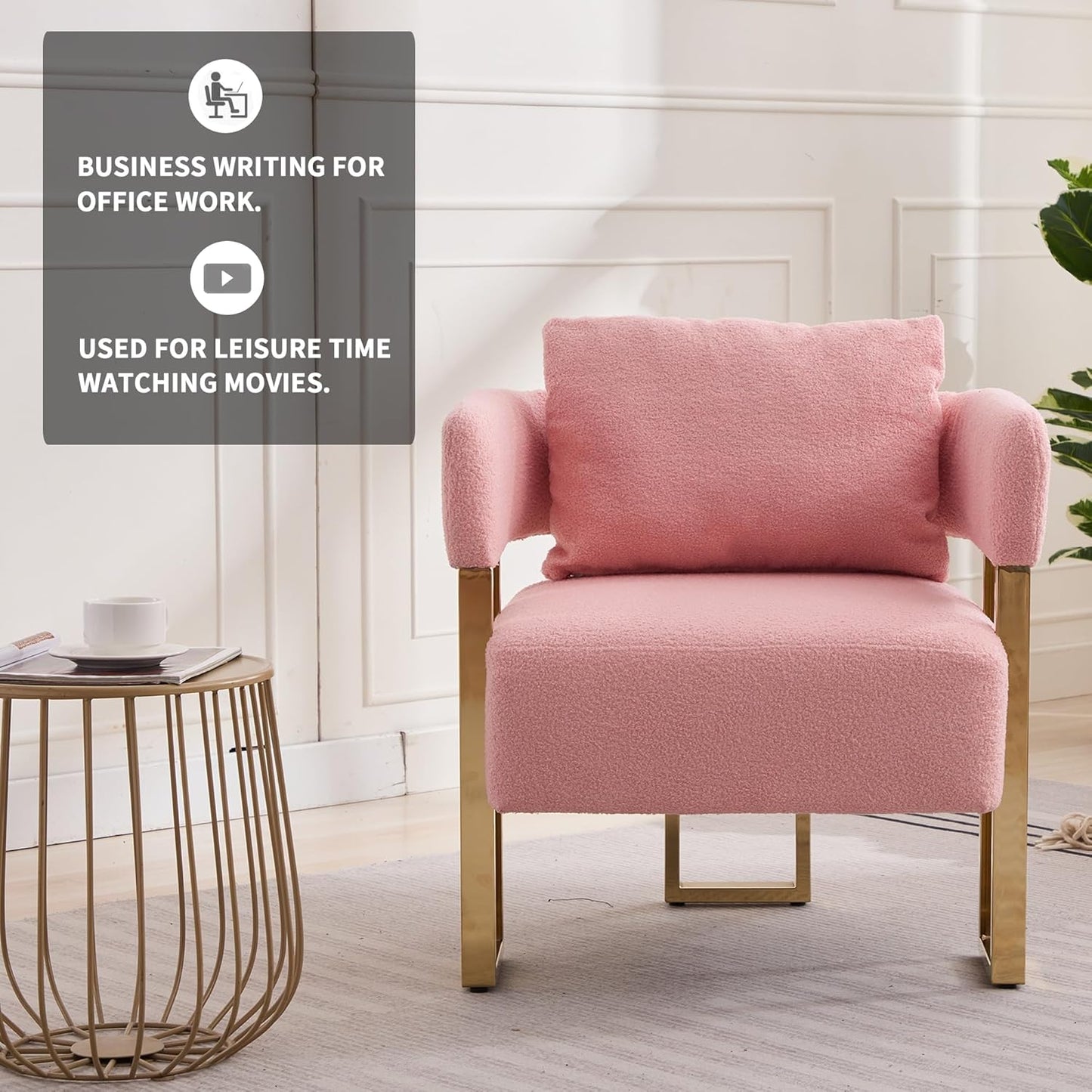 Teddy Velvet Sofa with Square Legs and Gold Feet Suitable for Decorative Chair in Living Room Reading Chair Medieval Modern Sofa Chair with Pillows(Pink Teddy Velvet 2PC)