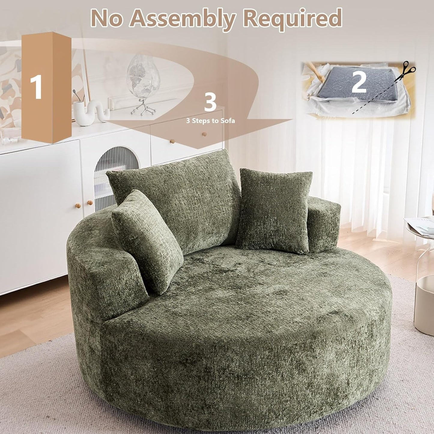 54.33" Oversized Round Chaise Longue Chair Indoor, 360° Swivel Round Upholstered Sofa, Modern Chenille Accent Chair with Pillow for Living Room, Bedroom Apartment,Green