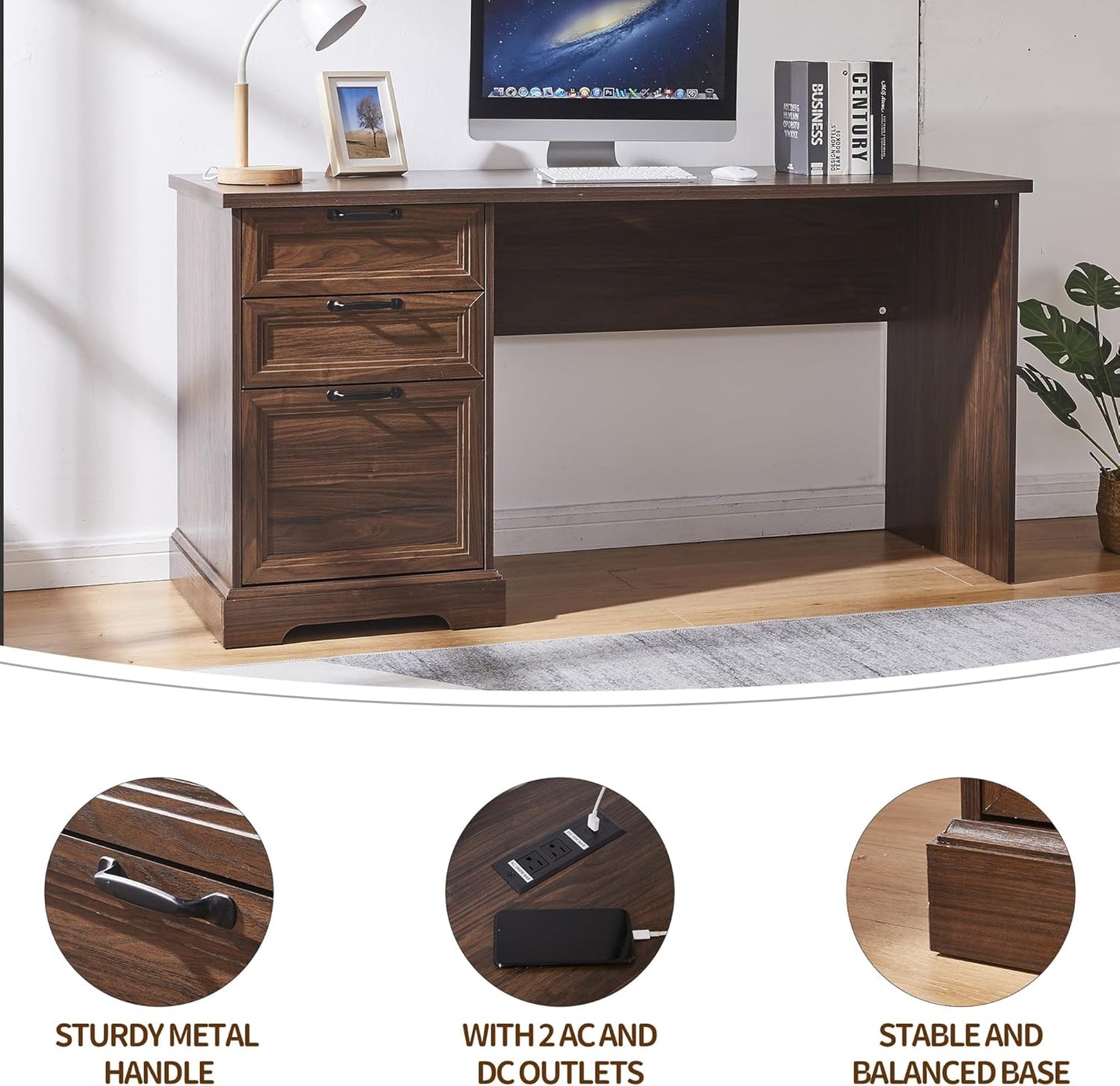 60" L-Shaped Executive Desk with 40" File Cabinet,Farmhouse Home Office Desk with Charging Station,Wood Computer Desk Set for Office Work,Home Study (Brown)