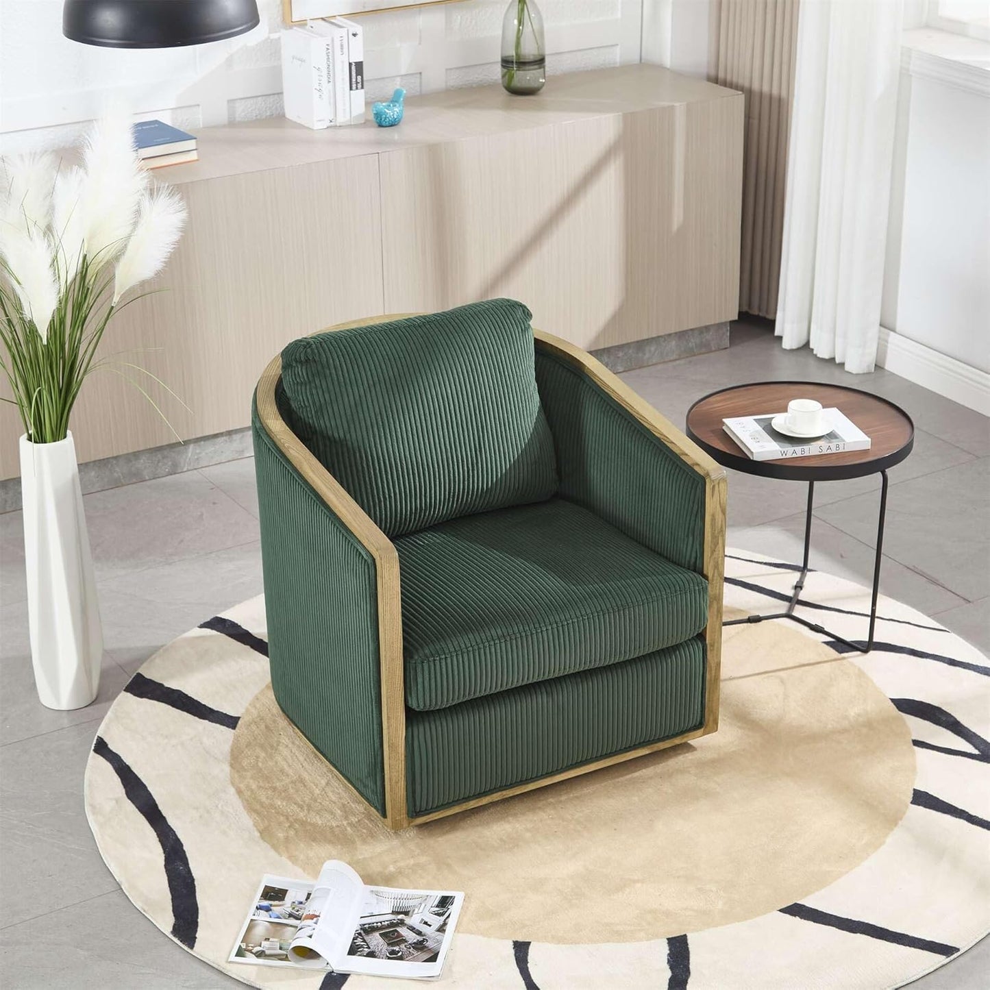 SZLIZCCC 360 Degree Swivel Barrel Chair, Round Accent Chair, Living Room Swivel Accent Sofa Chair, Club Lounge Armchair for Living Room Bedroom Office (Beige Corduroy)