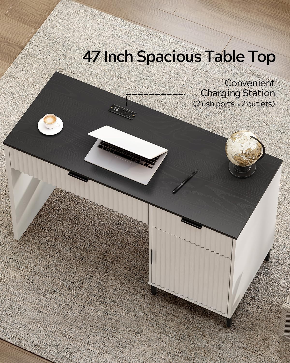 47" Home Office Desk with Fluted Drawers, Wood Exectuive Desk with Storage Cabinet, Charging Station, Metal Legs Modern Farmhouse Computer Desk for Work, Study White