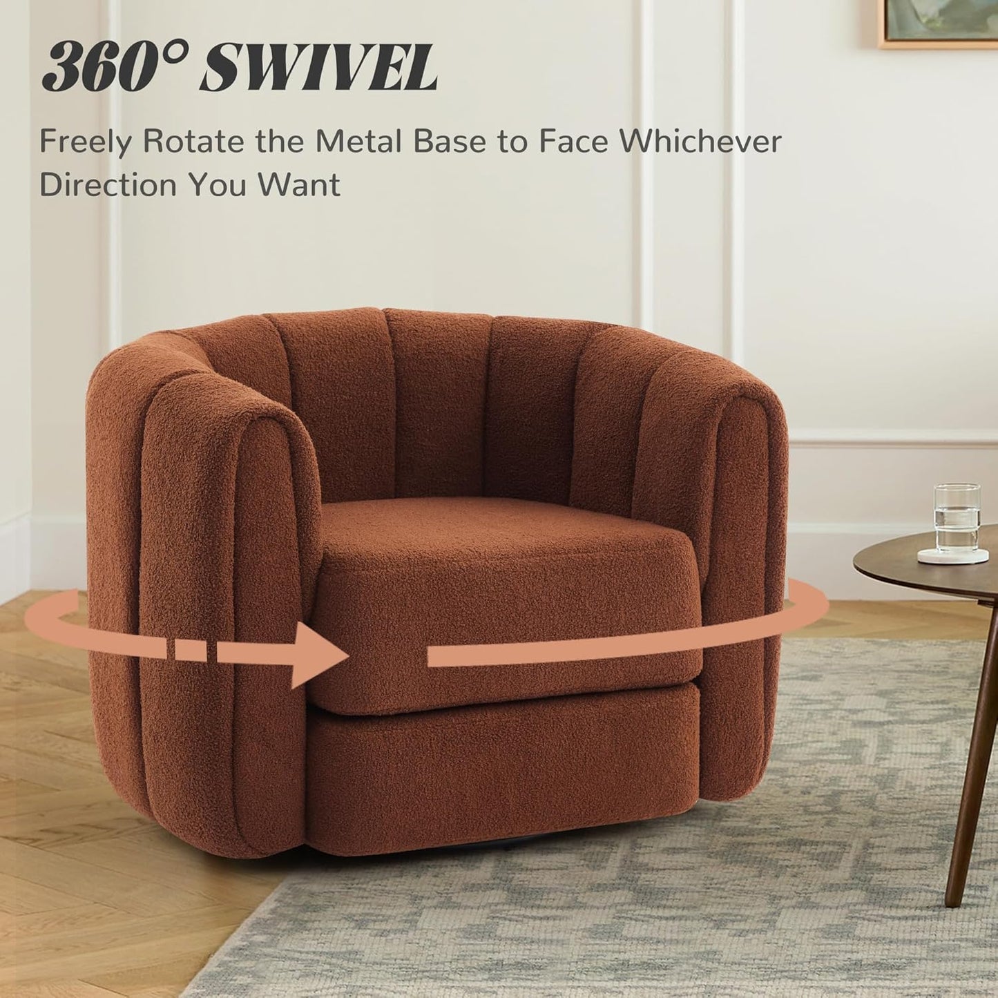 SUNWAVE Swivel Accent Chair Set of 2, 360-degree Swivel Barrel Chair with Teddy Upholstery, Comfy Pumpkin-Shaped Accent Chair for Living Room, Bedroom, or Office (2, Brown, 37")