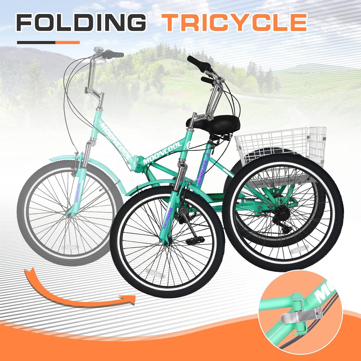 Slsy Adult Folding Tricycles, 7 Speed Folding Adult Trikes, 20 24 26 Inch 3 Wheel Bikes with Low Step-Through, Foldable Tricycle for Adults, Women, Men, Seniors