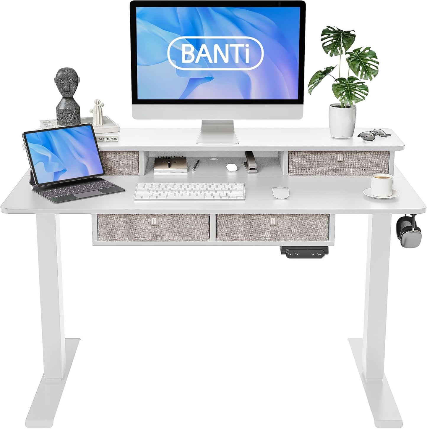 BANTI Height Adjustable Electric Standing Desk with 4 Drawers, 48 x 24 Inch Table with Storage Shelf, Sit Stand Desk, Black Top