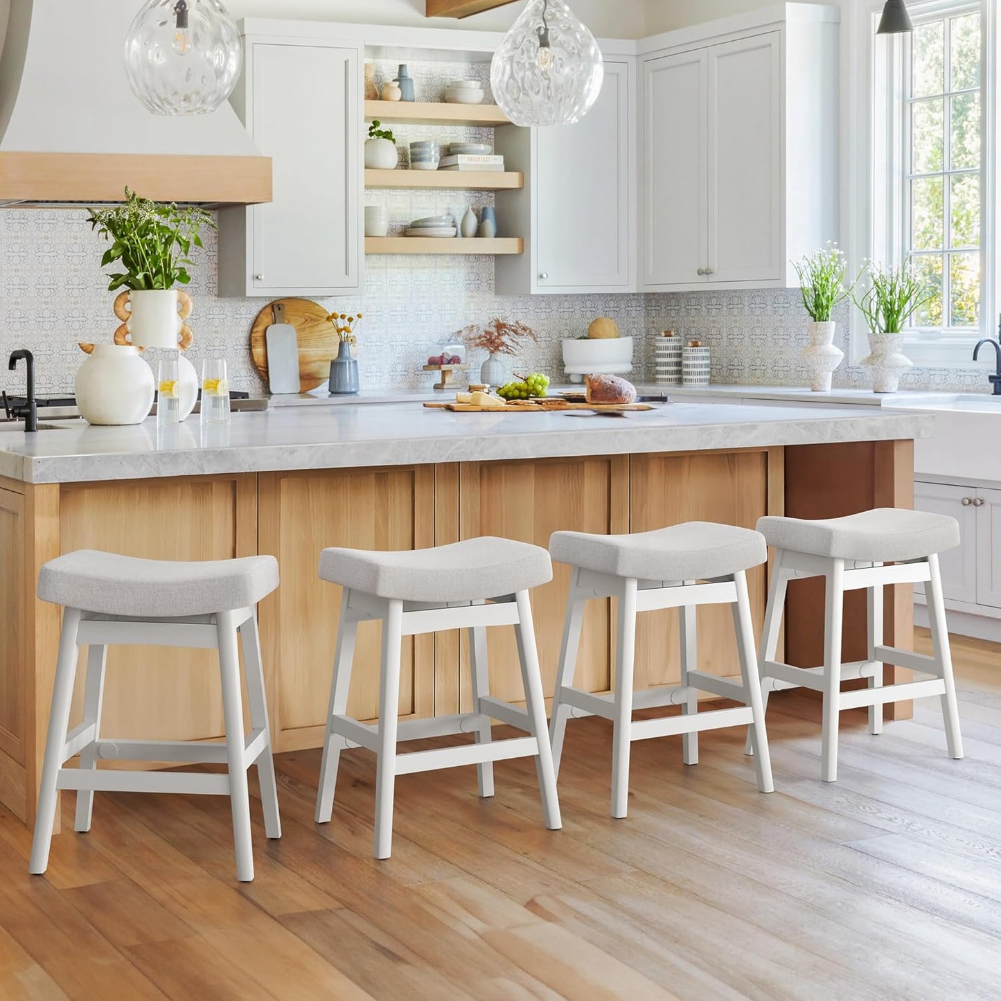 Bar Stools Set of 3, Barstools with Sturdy Wood Legs, Saddle Seat Counter Height Bar Stools for Kitchen Counter, Bar, Dining, 24 Inch Farmhouse Counter Stools, Antique White Leather
