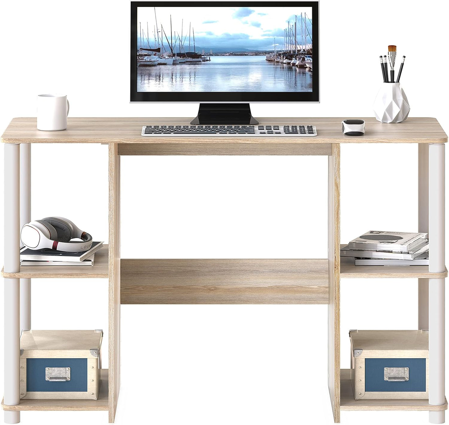 SHW 38-Inch Home Office Wood Desk with Double Sided Shelves, Oak