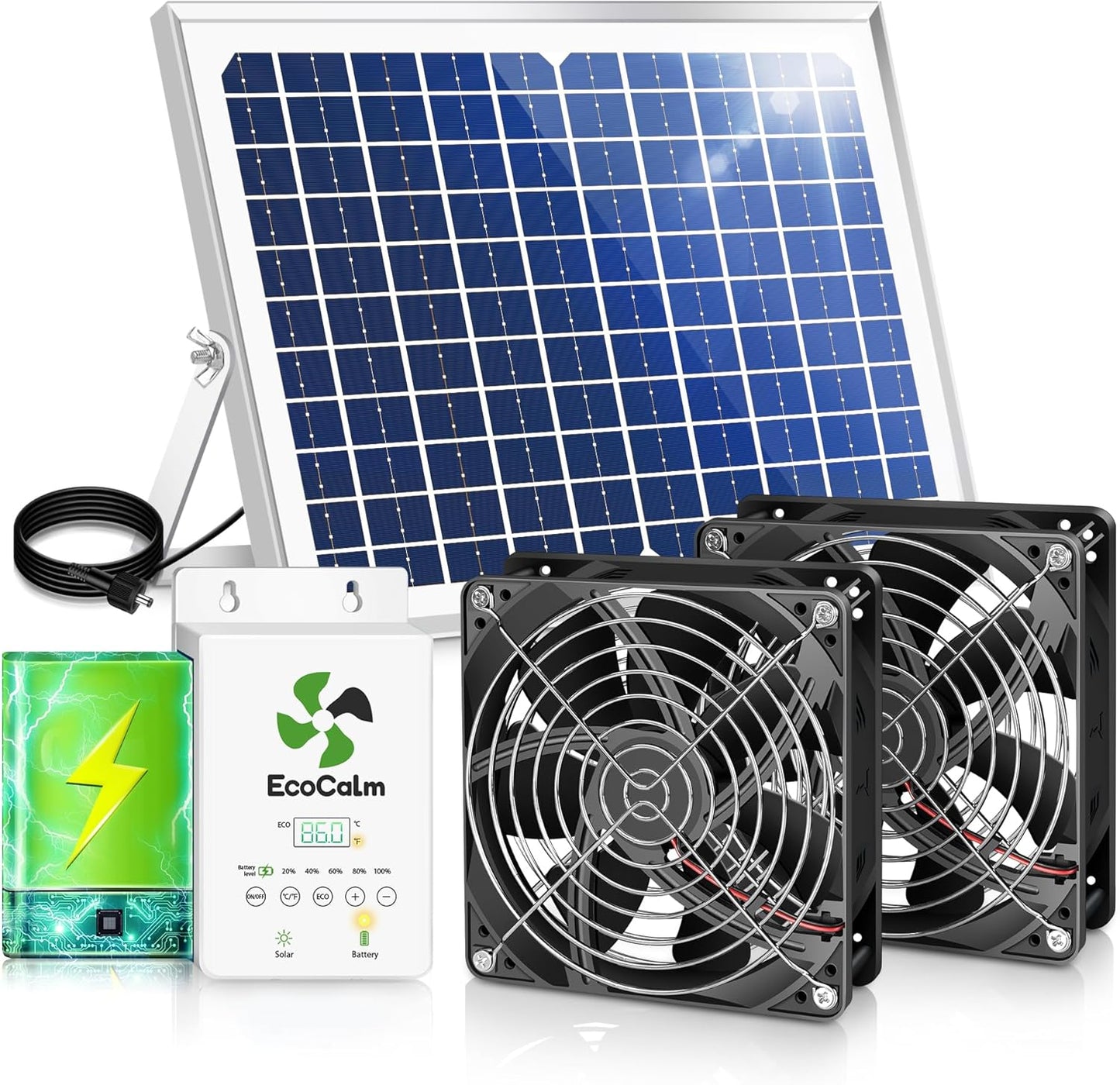 Solar Exhaust Fan for Chicken Coop with Battery and Adjustable Thermostat, Solar Powered Fan with 25W Bifacial Solar Panel & Dual 5.5" Fans Kits