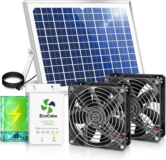 Solar Exhaust Fan for Chicken Coop with Battery and Adjustable Thermostat, Solar Powered Fan with 25W Bifacial Solar Panel & Dual 5.5" Fans Kits