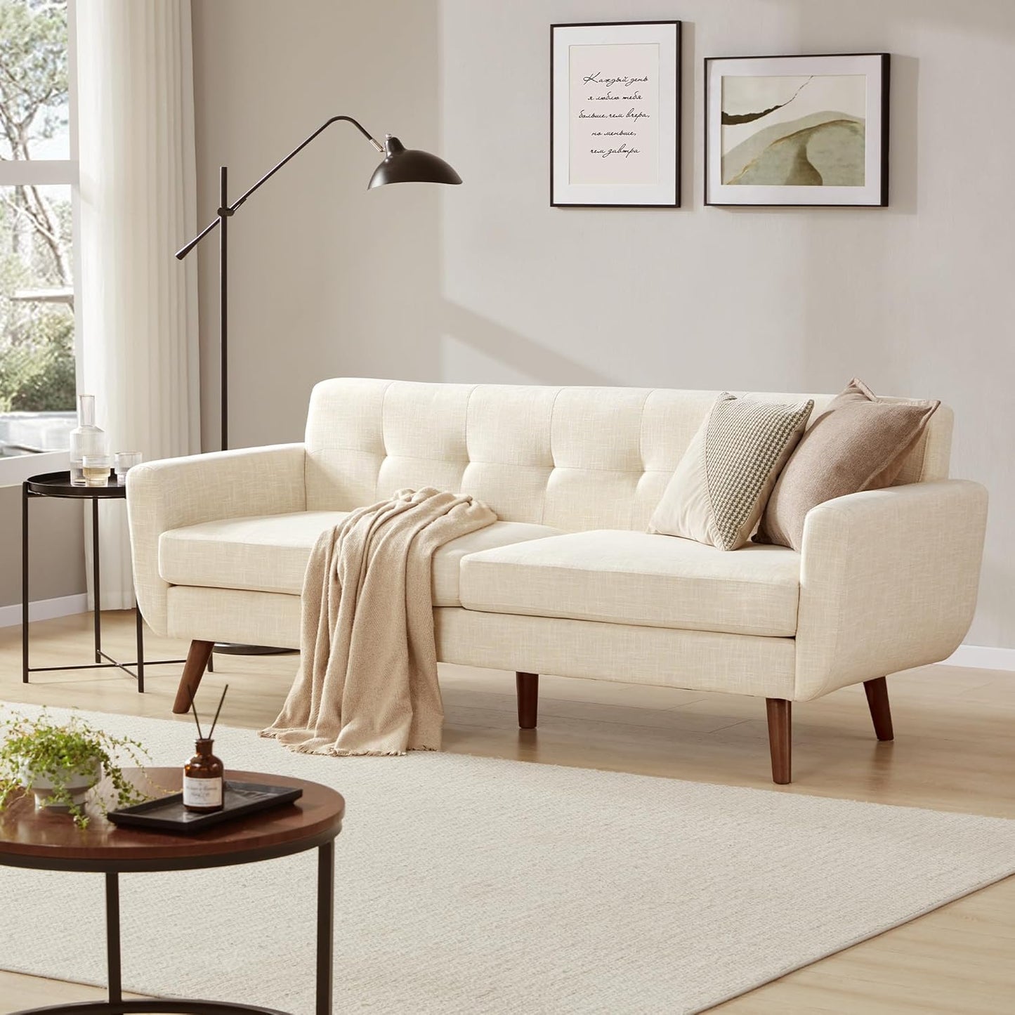 Tbfit 65" W Loveseat Sofa, Mid Century Modern Decor Love Seat Couches for Living Room, Button Tufted Upholstered Small Couch for Bedroom, Solid and Easy to Install Love Seats Furniture, Beige