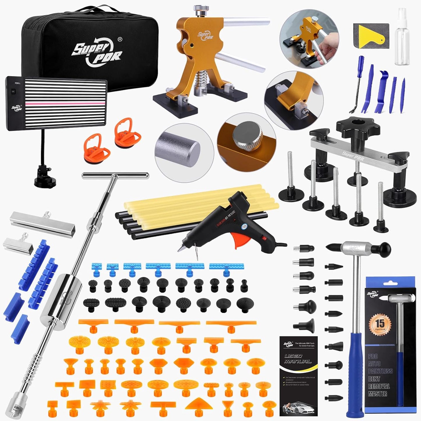 Super PDR Paintless Dent Repair Kit, Dent Puller Kit, Car Dent Removal Tools with Dent Lifter,Bridge Puller,Slide Hammer 2 in 1 T-Type Slide Hammer for Repair Door Ding, Creases and Hail Damage
