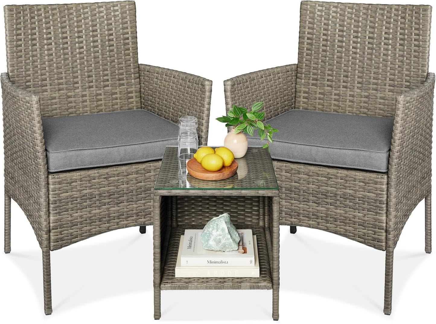 Best Choice Products 3-Piece Outdoor Wicker Conversation Bistro Set, Space Saving Patio Furniture for Garden w/Side Table - Gray/Navy