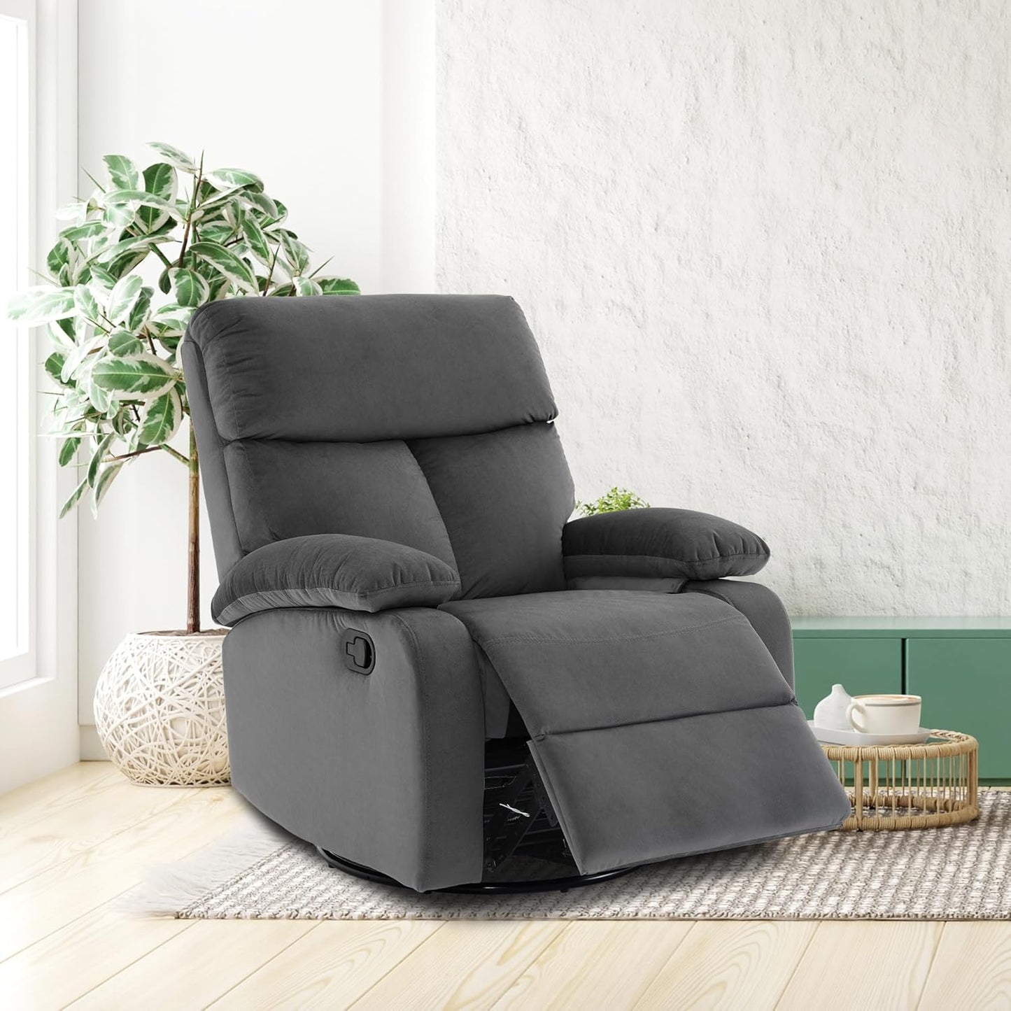 Swivel Rocker - Small Recliner for Small Spaces with Overstuffed Arms and Back, Manual Swivel Recliner Chair with Ultra-Soft Velvet for Living Room, Nursery, Bedroom, Dark Gray