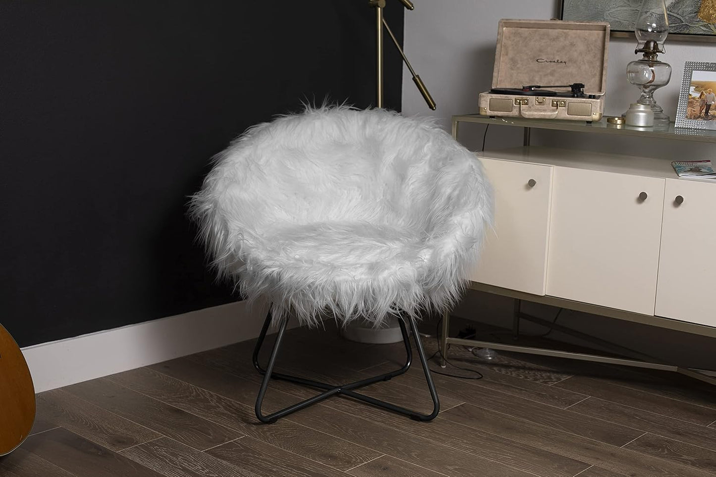 BIRDROCK HOME Faux Fur Papasan Chair with Black Legs - Luxuriously Soft & Lightweight - Wide Cushion Seat for Playroom, or Living Room - Moon Chair - Metal - Fluffy Round Seat - Circle - Grey