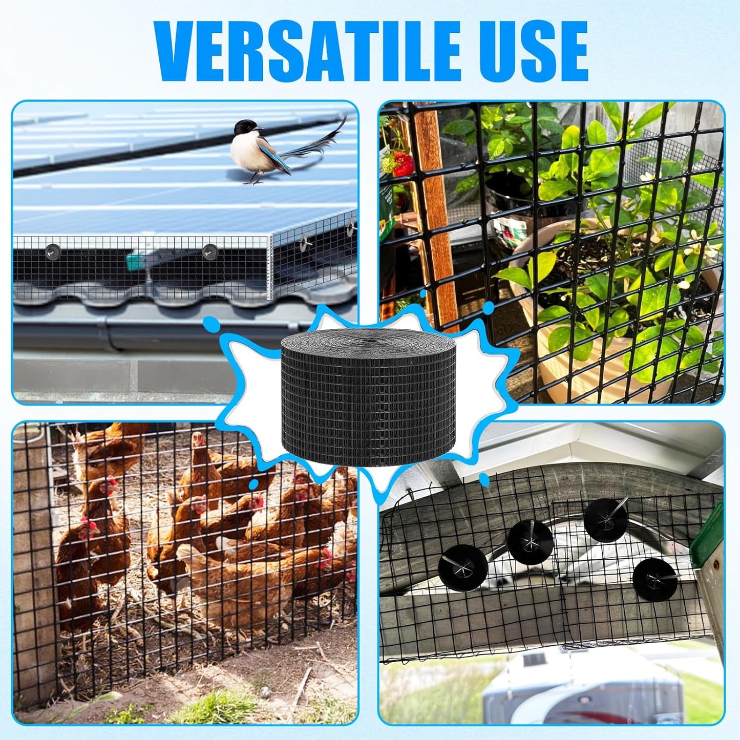 6in X 100ft Solar Panel Bird Guard - 1/2" Black PVC Mesh Galvanized Rust-Resistant Net, Critter Guard for Solar Panels with 70 Fastener Clips, Gloves, Cutting Pliers