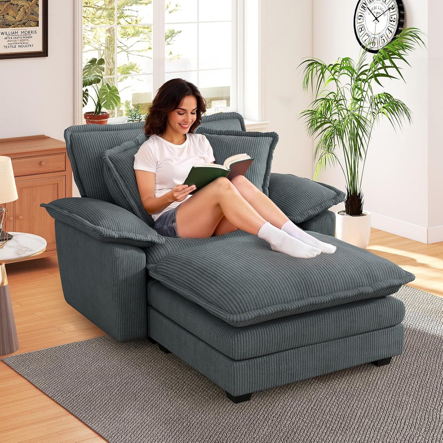 51" Oversized Chaise Lounge Chair Indoor with Storage Ottoman, Upholstered Cloud Accent Chair with Extra Wide Armrests, Comfy Beige Chenille Sleeper Chair for Living Room Bedroom Reading (Black)