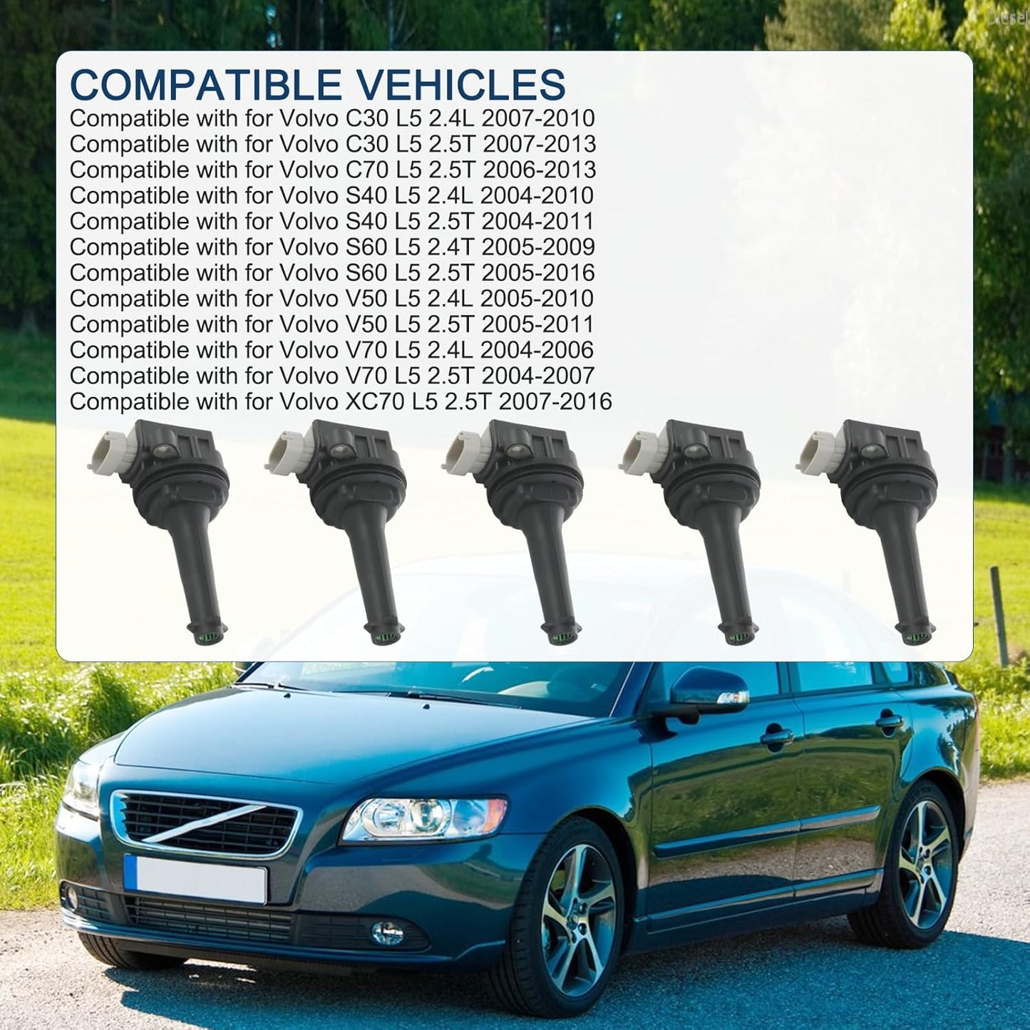Set of 5 Ignition Coil Pack Compatible with Volvo C30 C70 S40 S60 V50 V70 XC70 L5 2.4L 2.5T Replace# UF517, 5C1778, E1017, 52-2133, IC597, 30713417, C1721