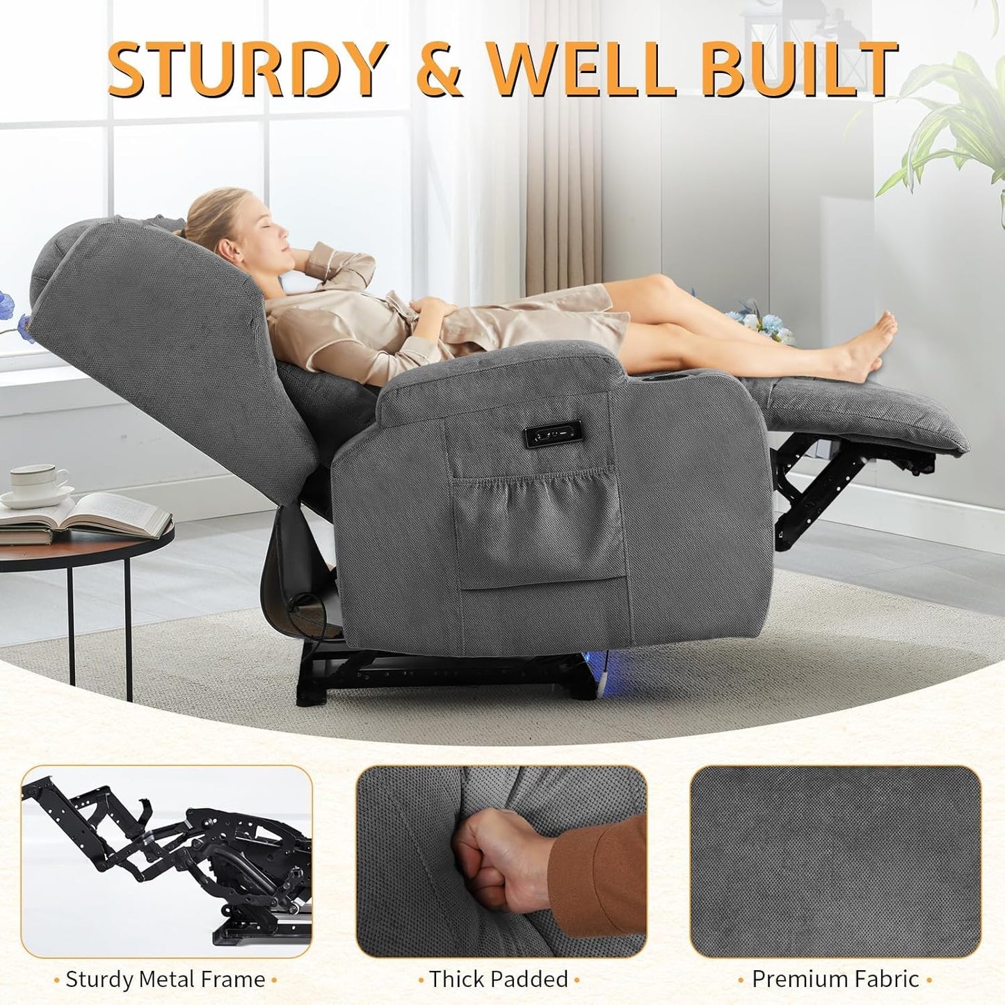 BINGTOO Electric Power Recliner Chair with Massage & Heat - Ergonomic Wingback Lounge Sofa Chair for Living Room, Home Theater Seating & RV with LED Light/Cup Holders/USB Ports, Grey