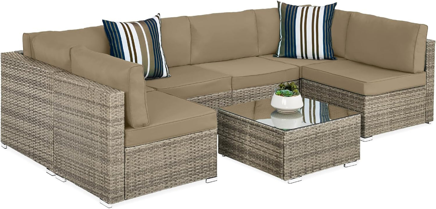 Best Choice Products 7-Piece Modular Outdoor Sectional Wicker Patio Conversation Set w/ 2 Pillows, Coffee Table, Cover Included - Gray/Gray