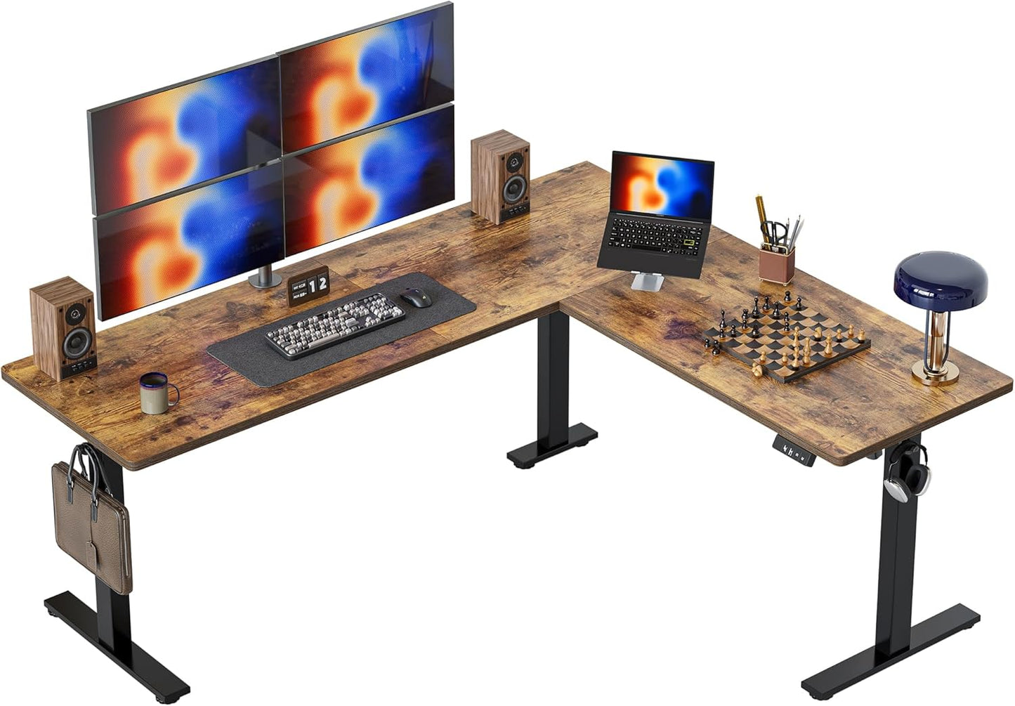 TIQLAB 63 x 55 inch L Shaped Standing Desk Adjustable Height, Electric Corner Standing Desk, Sit Stand Computer Table with Splice Board, Rustic Brown