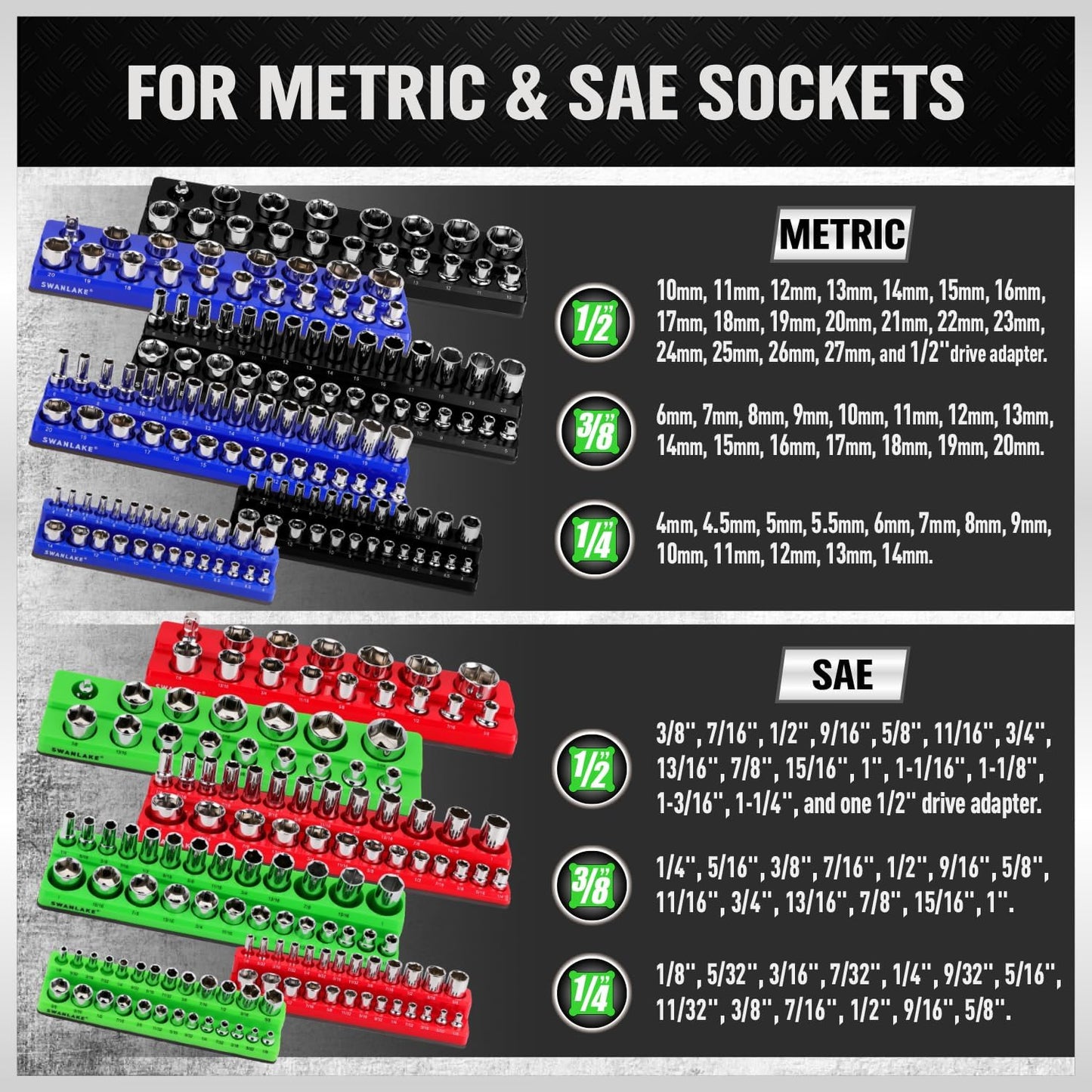 SWANLAKE Magnetic Socket Organizer Set, 1/4", 3/8", 1/2" Sockets Holds 286 Pieces Magnetic Socket Trays (Blue&red&black&green, 12 Pcs)
