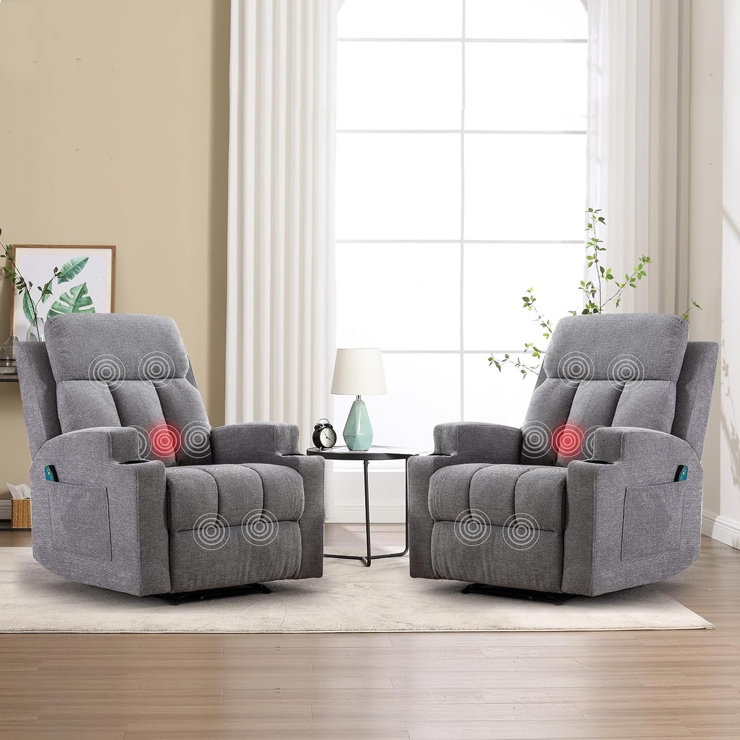 ANJ HOME Manual Massage Recliner Chairs with Heat for Living Room, Overstuffed Breathable Fabric Reclining Chair with Side Pockets and Cup Holders, Single Sofa Home Theater Seating, Dark Grey