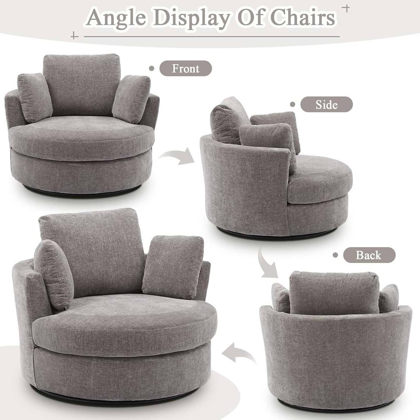 SLEERWAY Oversized Swivel Chairs Set of 2, Big Comfy Round Accent Barrel Chair and A Half Bucket Loveseat Bedroom Club Reading Lounge Living Room Furniture Set (Grey)