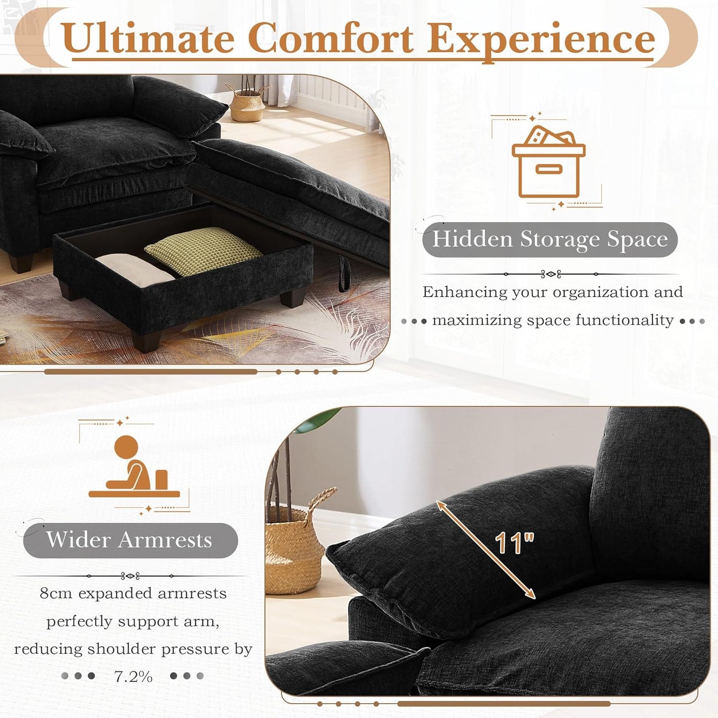 51" Oversized Chaise Lounge Chair Indoor with Storage Ottoman, Upholstered Cloud Accent Chair with Extra Wide Armrests, Comfy Beige Chenille Sleeper Chair for Living Room Bedroom Reading (Black)