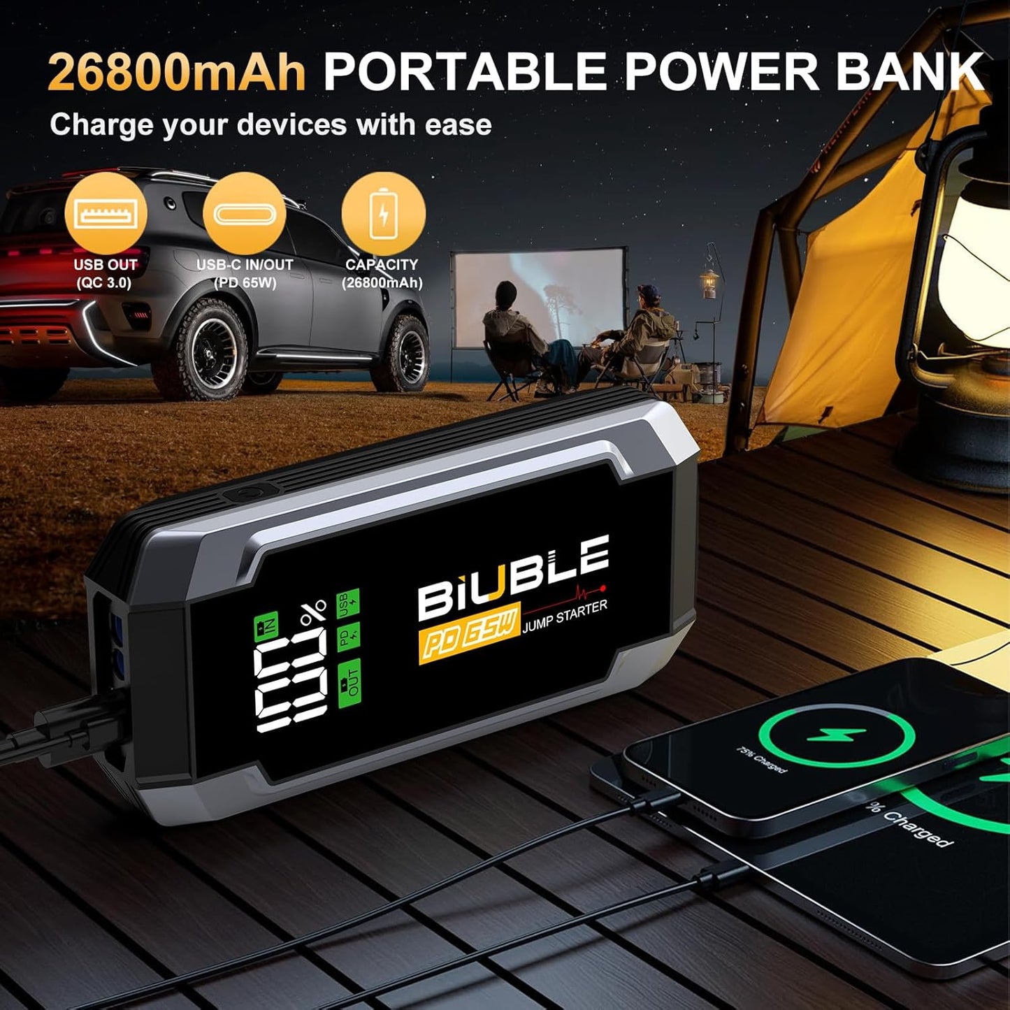 8000A Jump Starter with PD 65W Fast Charging, 26800mAh Car Battery Jump Starter (All Gas/16L Diesel), 12V Battery Jumper Starter Portable, Jump Box Jump Pack with 3 Modes Flashlight