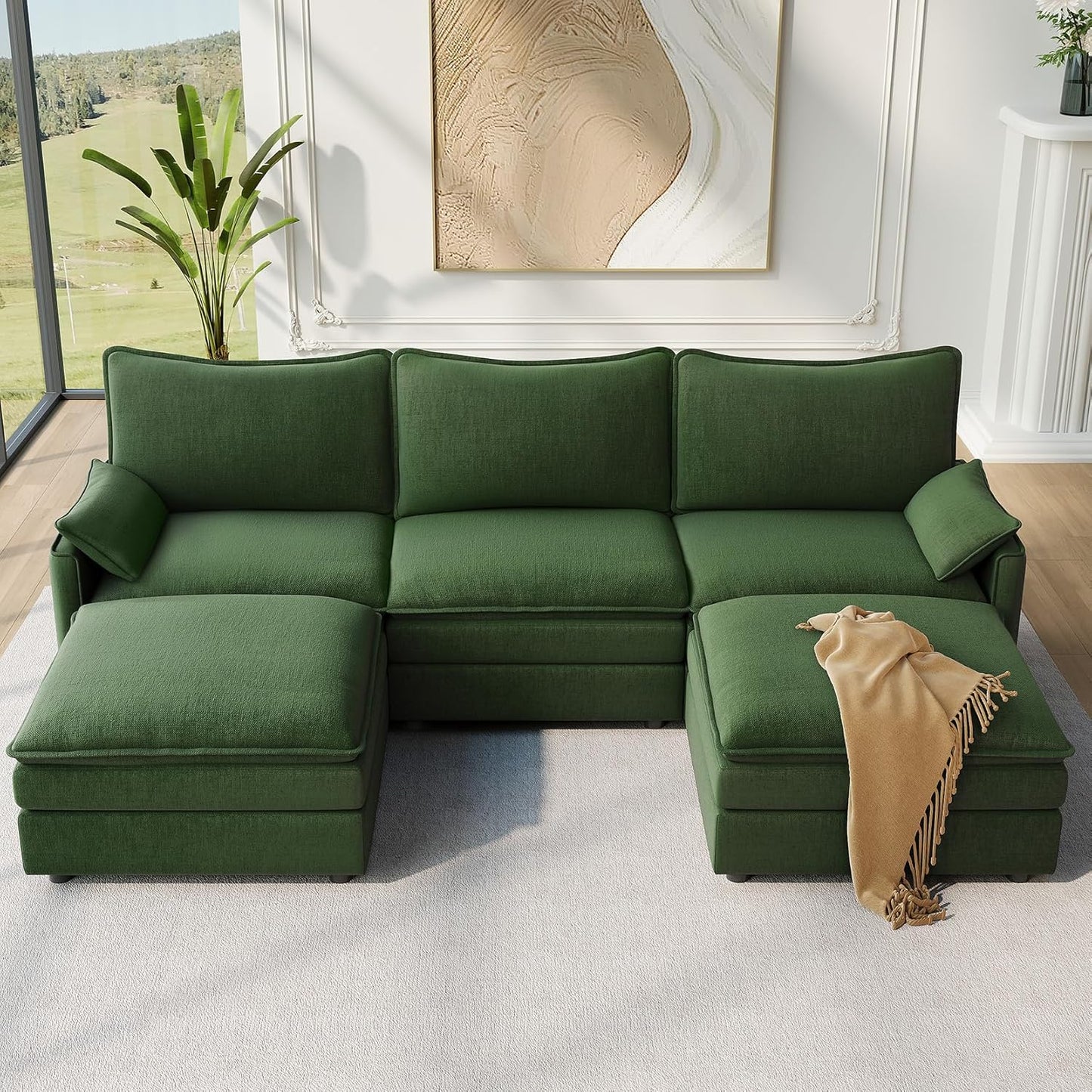 Vesgantti 108" Modular Sectional Sofa, Comfy Cloud Couch with Movable Ottoman Deep Seat Chenille L Shaped Modular Sofa, Sectional Couches for Living Room, Bedroom and Apartment, Beige