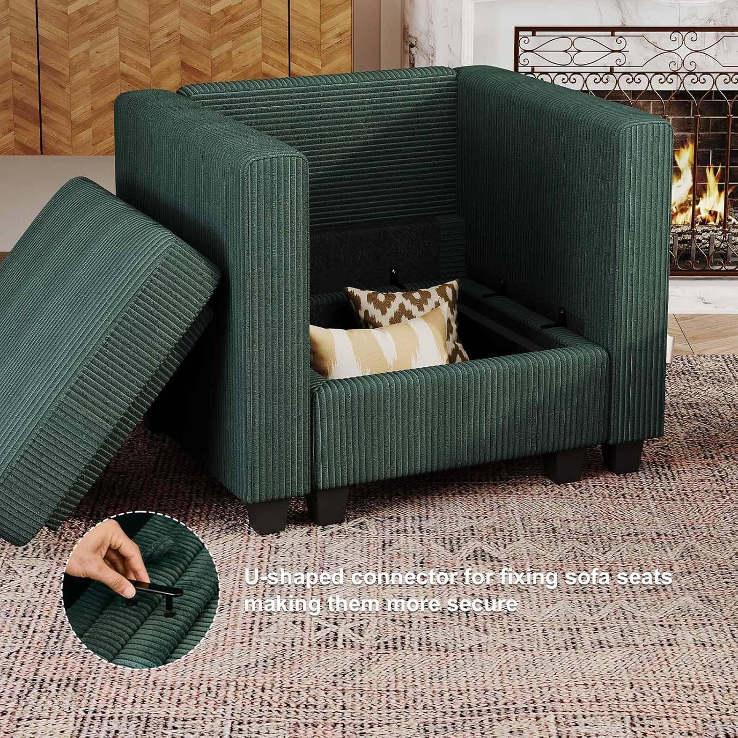 Belffin Corduroy Armchair Modular Arm Chair with Storage Modern Couch for Living Room Green