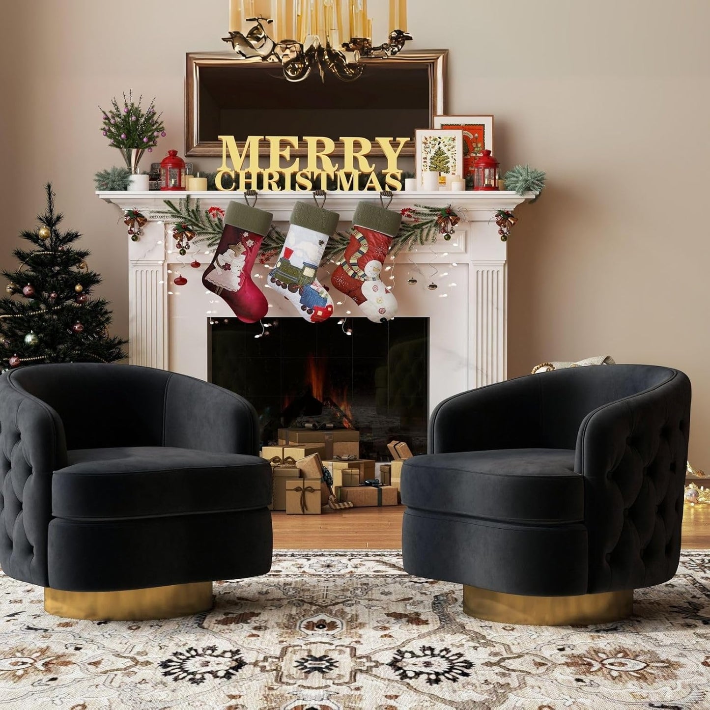 Black Modern Accent Chair, Swivel Barrel Armchair for Living Room, Button Tufted Velvet Comfy Chairs, Round Upholstered Single Sofa Seating with Gold Base