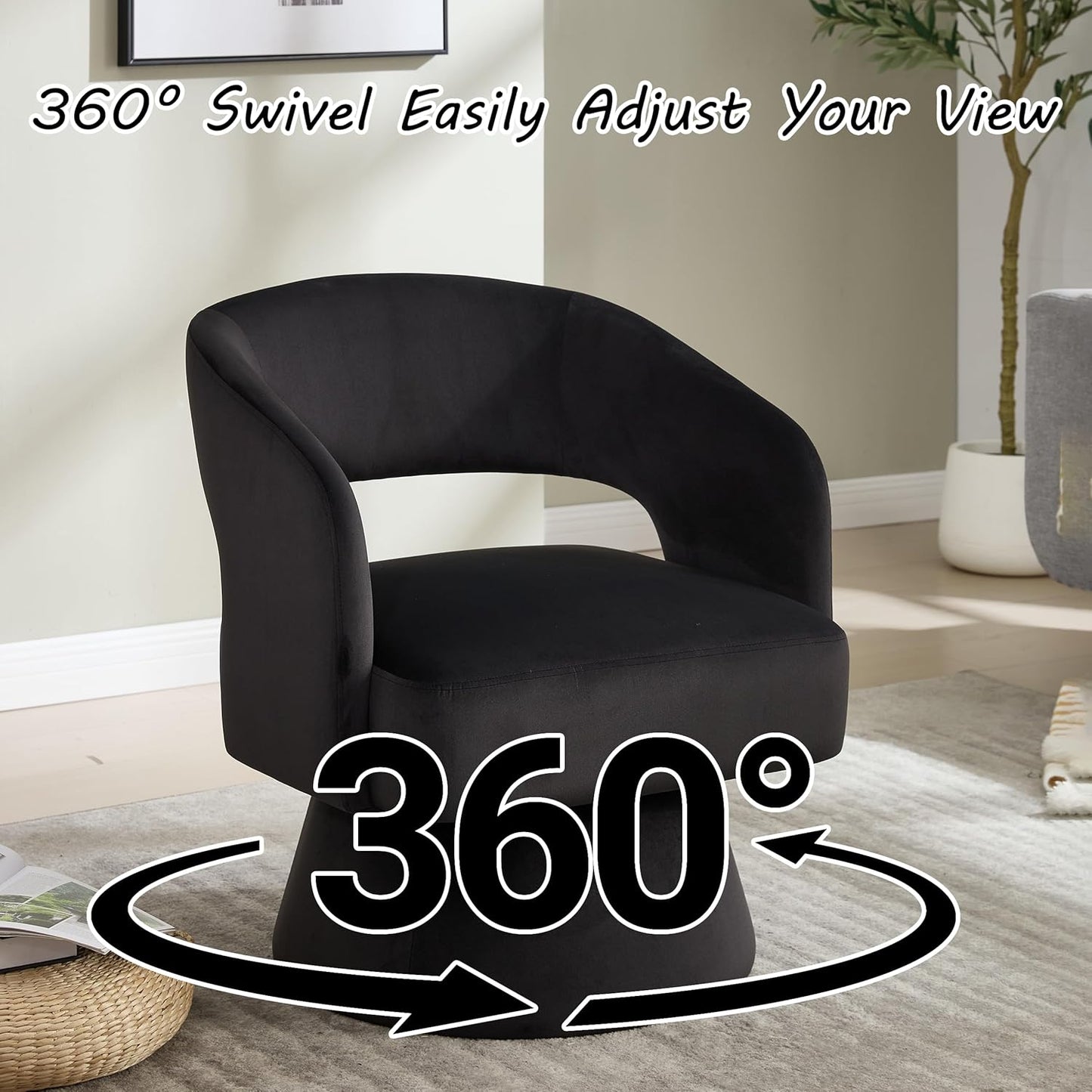 Swivel Accent Chair Set of 2, 360 Degree Rotating Barrel Accent Chair Velvet Upholstered Living Room Chair with Ergonomic Open Backrest Mid Century Modern Single Sofa for Bedroom (Black)
