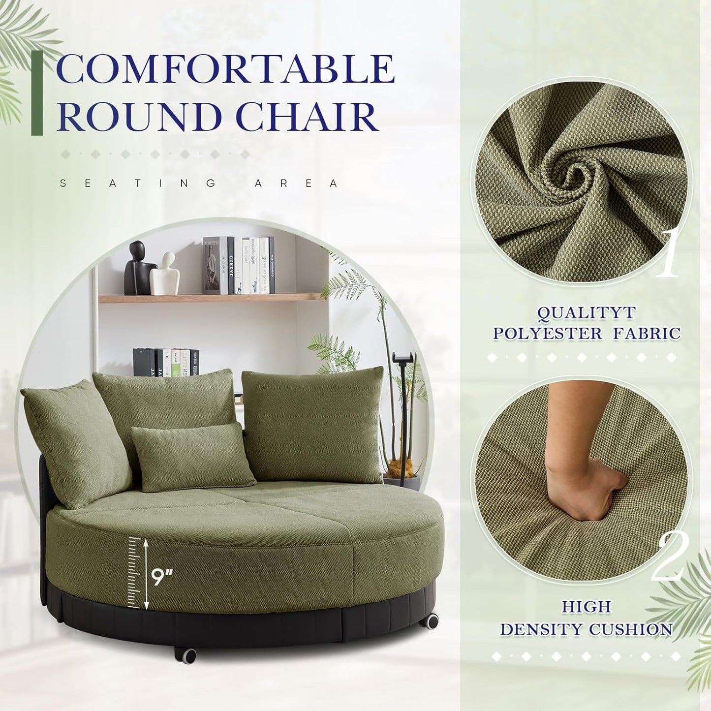 SLEERWAY Oversized Round Swivel Accent Chair, Large Circle Barrel Chair and A Half, Comfy Upholstered Lazy Sofa Couch with Phone Stand/Wheels, Chaise Lounge Daybed for Living Room, Bedroom, Green