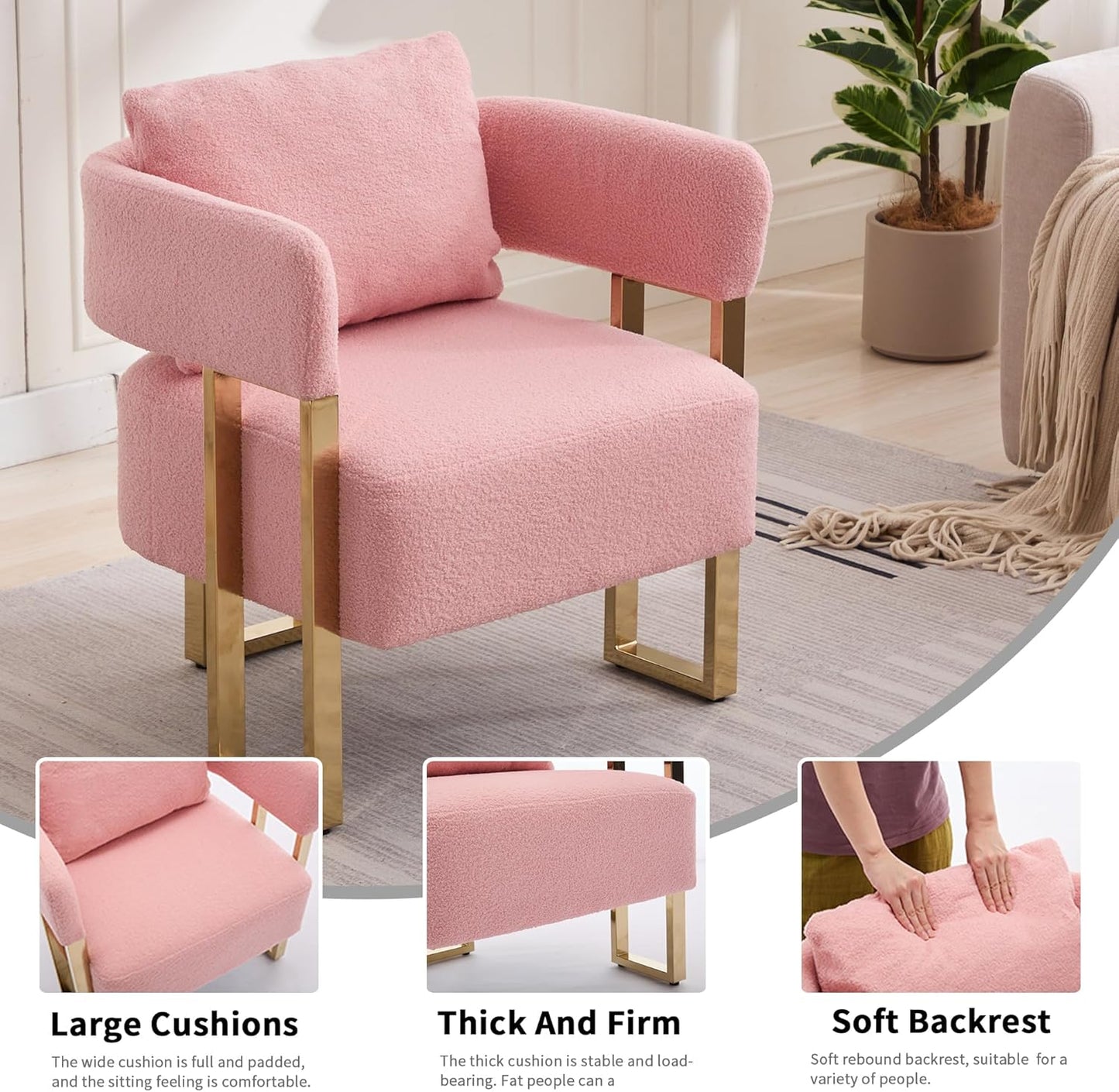 Teddy Velvet Sofa with Square Legs and Gold Feet Suitable for Decorative Chair in Living Room Reading Chair Medieval Modern Sofa Chair with Pillows(Pink Teddy Velvet 2PC)