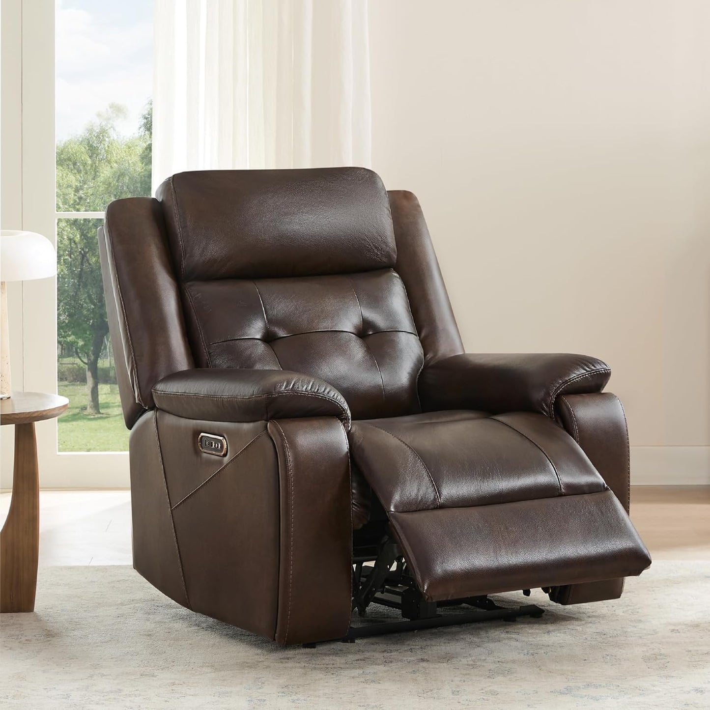 Watson & Whitely Genuine Leather Power Recliner Chair for Adults, Wall Hugger Recliner with Power Headrest, Cup Holders & Charging Ports, Electric Reclining Chairs for Living Room, RV, Saddle Brown