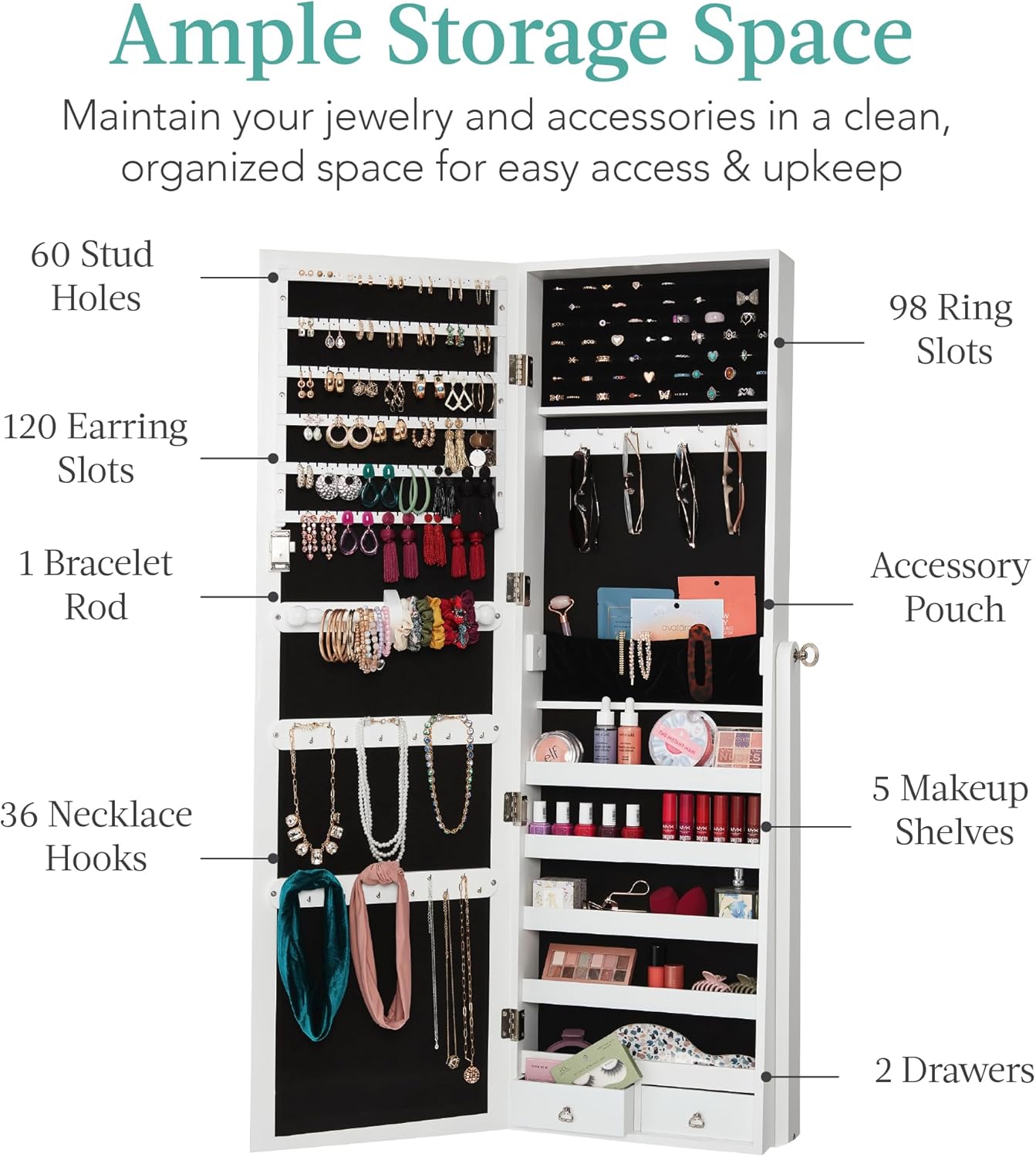 Best Choice Products Freestanding Jewelry Armoire Cabinet, Full Length Standing Mirror, Lockable Makeup Storage Organizer, w/Velvet Lining, 3 Angles, Lock, Accessory Pouch, 5 Shelves - White