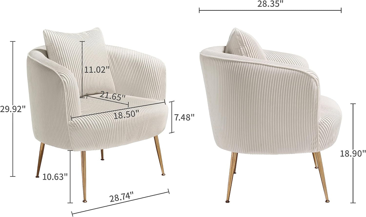 Art Leon Accent Chair Set of 2, Modern Velvet Upholstered Armchairs, Living Room Side Chairs Barrel Chairs with Golden Metal Legs, Off White