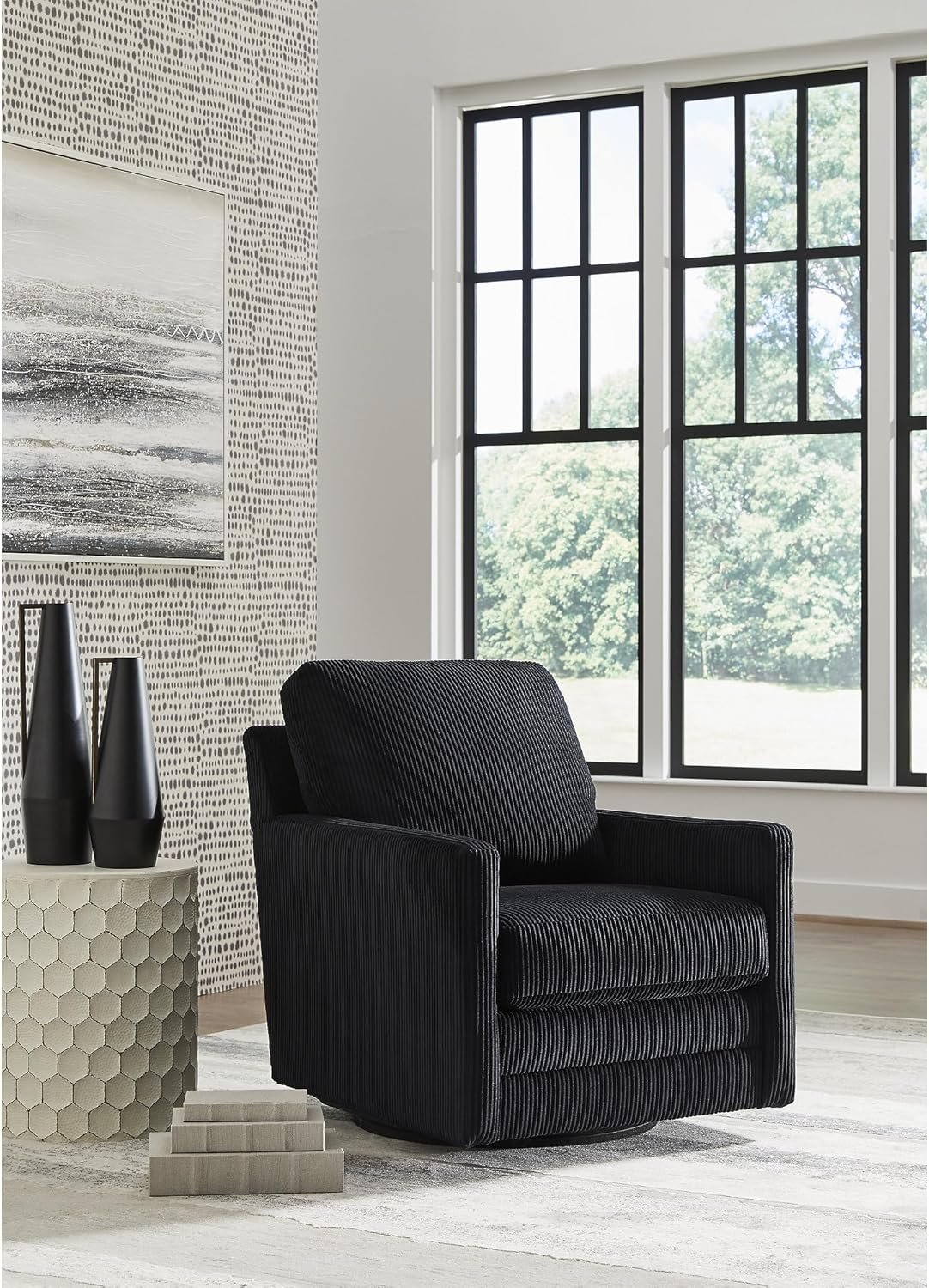 Signature Design by Ashley Icaman Modern Indoor Swivel Upholstered Chair with Reversible Cushions, Black